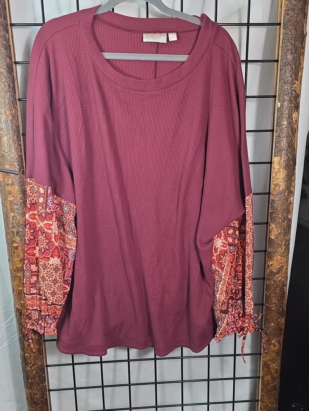 Waffle Knit Long Sleeve Top with Printed Tie Cuffs - Wine